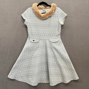 Hope Henry Faux Fur Trim Organic Cotton A Line Dress Girls 10 Blue Short Sleeve